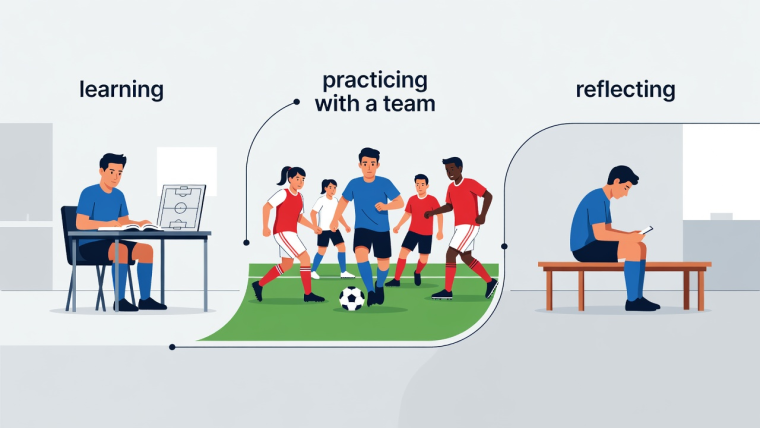 Flat vector illustration showing a player learning, practicing with a team, and reflecting