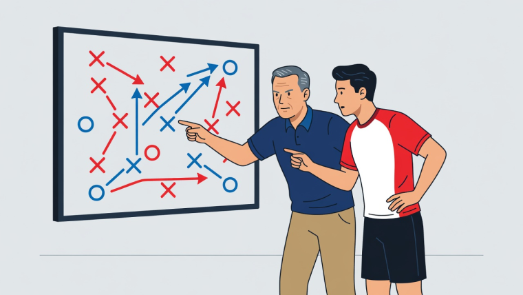 Flat vector illustration of a coach and player discussing gameplay around a screen