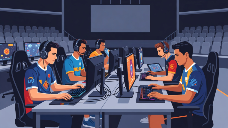 Flat vector illustration of players preparing for an organized esports event