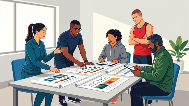 Flat vector illustration of an academy group planning a balanced training week