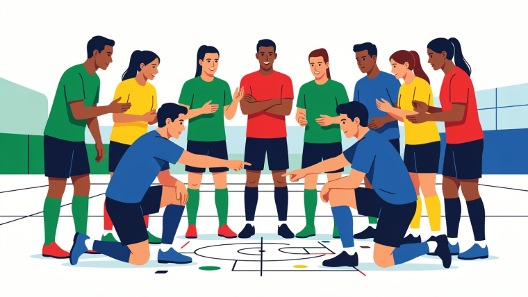 Flat vector illustration of teammates coordinating their strategy at a practice session